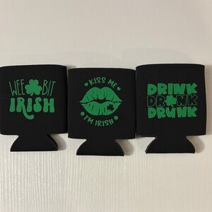 Handmade Black Neoprene Can Coolers with Green Irish Graphics - Set of 3